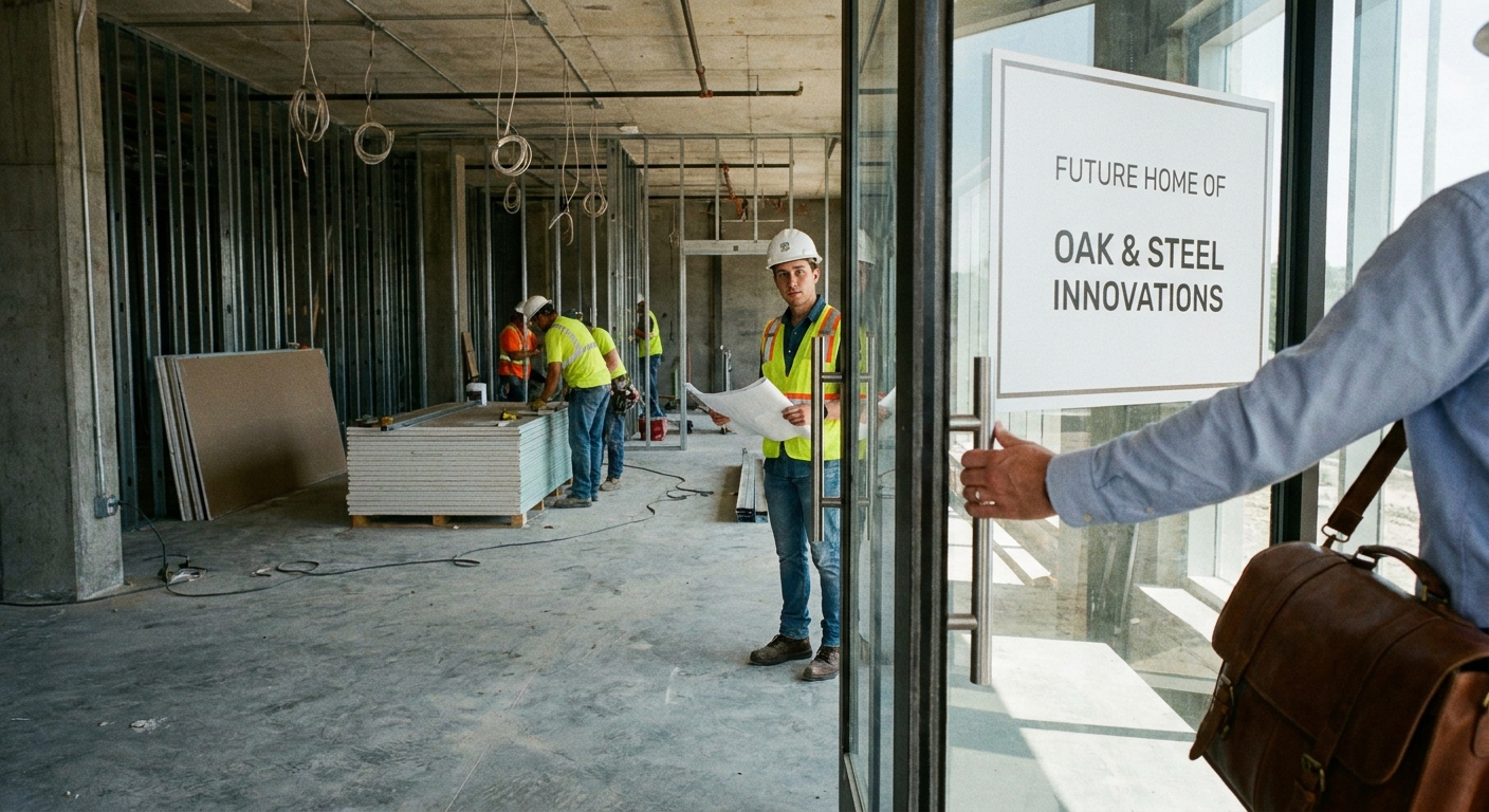 A salesperson walking into a new buildout before the business opens.