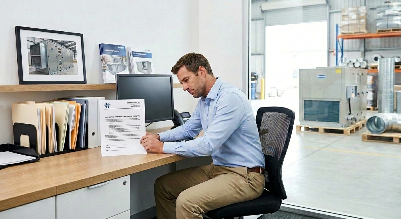 A salesperson sitting at a desk with a performance improvement plan while a commercial workspace is being built nearby.